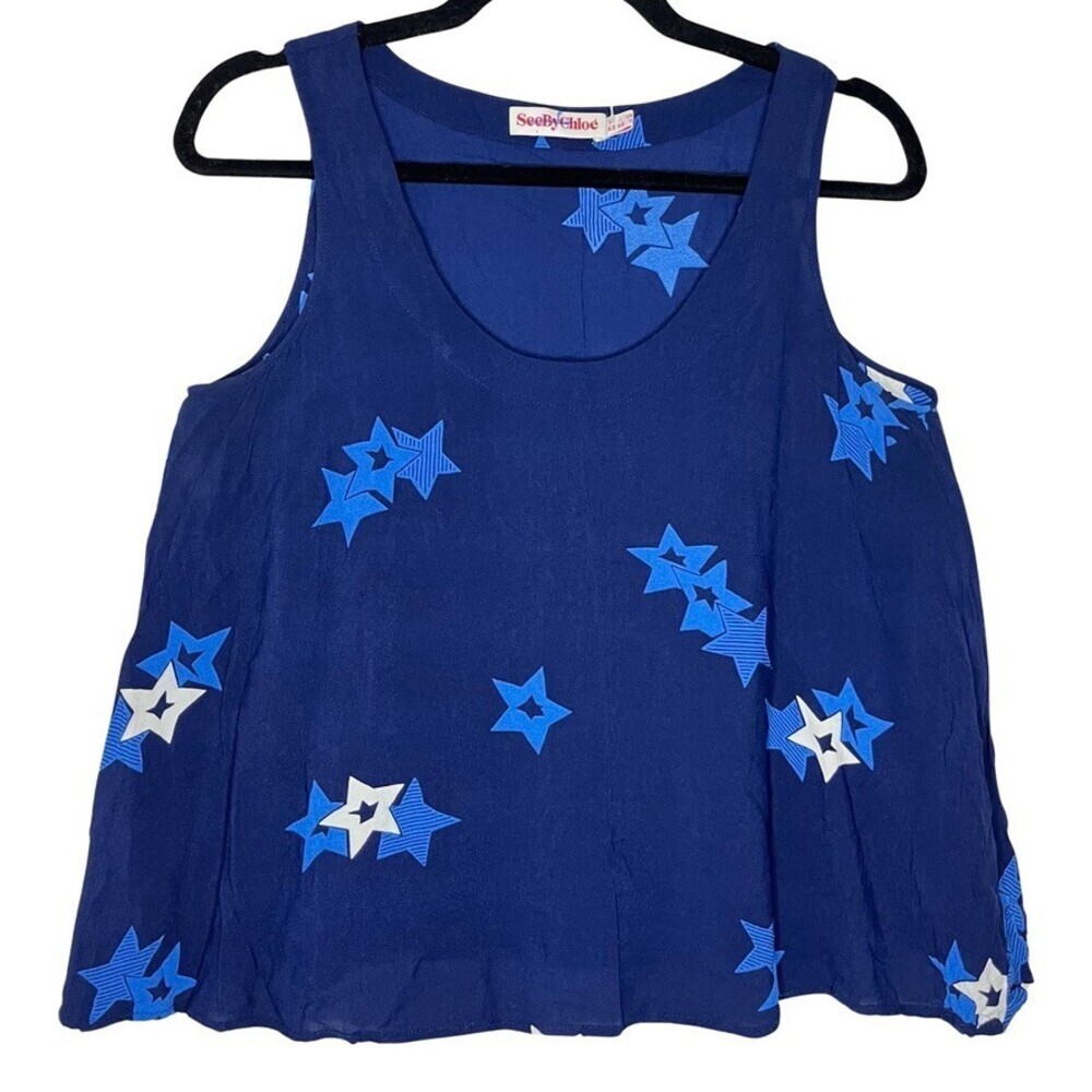 See By Chloe Womens Short Tank Set 10 Blue Viscose Bermuda Lined Stars Relaxed - Picture 3 of 16